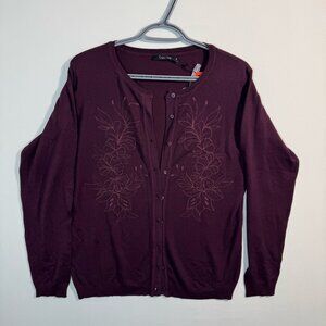 Women's Embroidered Cardigan Sweater Burgundy Purple L Cozycore Grandmacore Fall